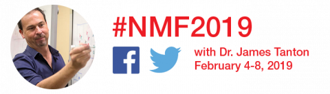 Photo of Dr. James Tangon, and #NMF2019, Facebook and Twitter logos, "with Dr. James Tanton, February4-8, 2019"