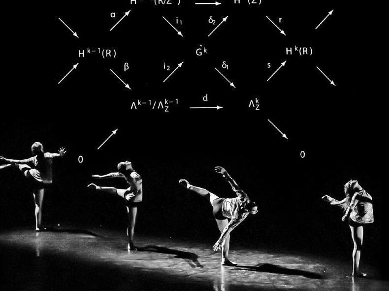 Two dancers holding poses over a background of math symbols in a flow diagram
